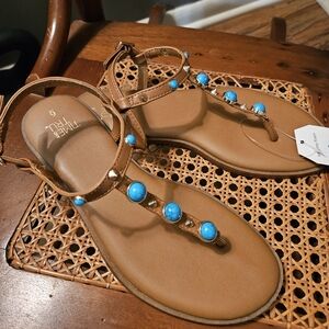 Time & Tru Women's Brown Sandals with Blue Accents Nwt Sz 6